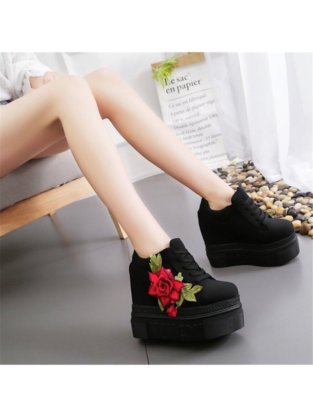 Women's Black Canvas Fabric Rubber Sole High Wedge Heel Brides Wedding Shoes - Picture 2 of 5